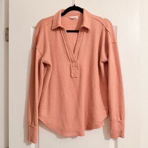 Free People Coral Ribbed Oversized Long Sleeve Shirt
